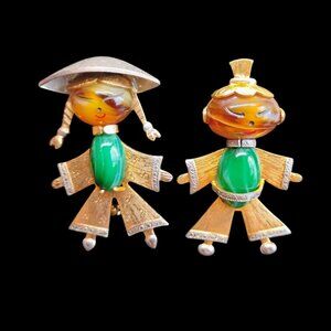 Vtg Asian Chinese Boy & Girl Brooch Pin Set Glass Faux Malachite & Tiger Eye